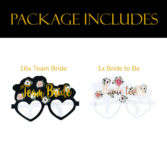 16 Black Floral Team Bride Hen Party Card Glasses and 1x Bride to Be