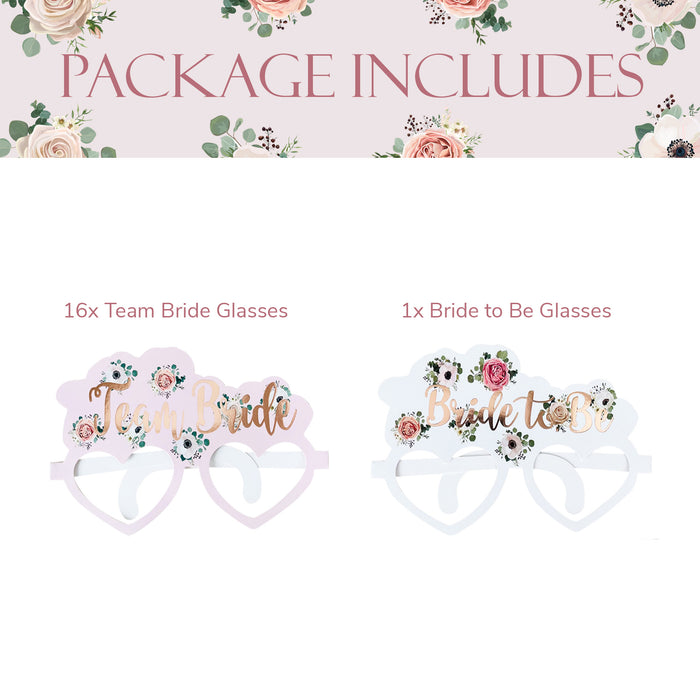 16 Pink Floral Team Bride Hen Party Card Glasses and 1x Bride to Be