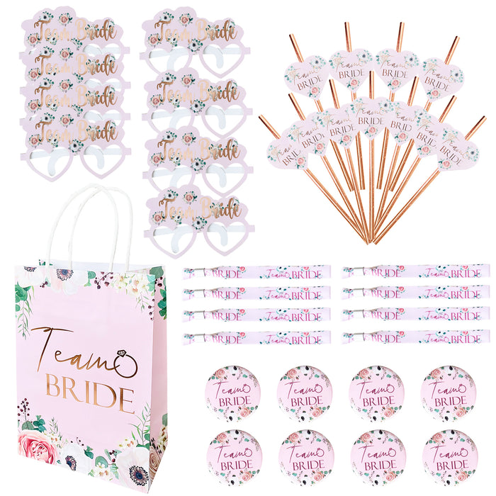 Hen Party Goody Bags Set (8 or 16 hens) Paper Bags and Accessories Light Pink Floral with Rose Gold Foil Text