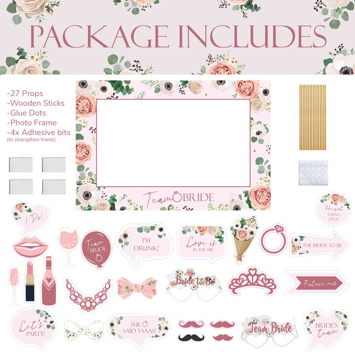 Hen Party Photo Frame and 27 Photo Props Set Rose Gold Floral