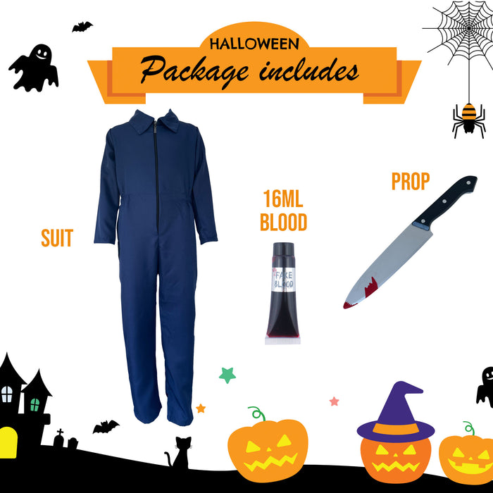 Childrens Kids Boys Girls Navy Boiler Suit, Fake Knife and Blood Fancy Dress Costume 4-12 Years