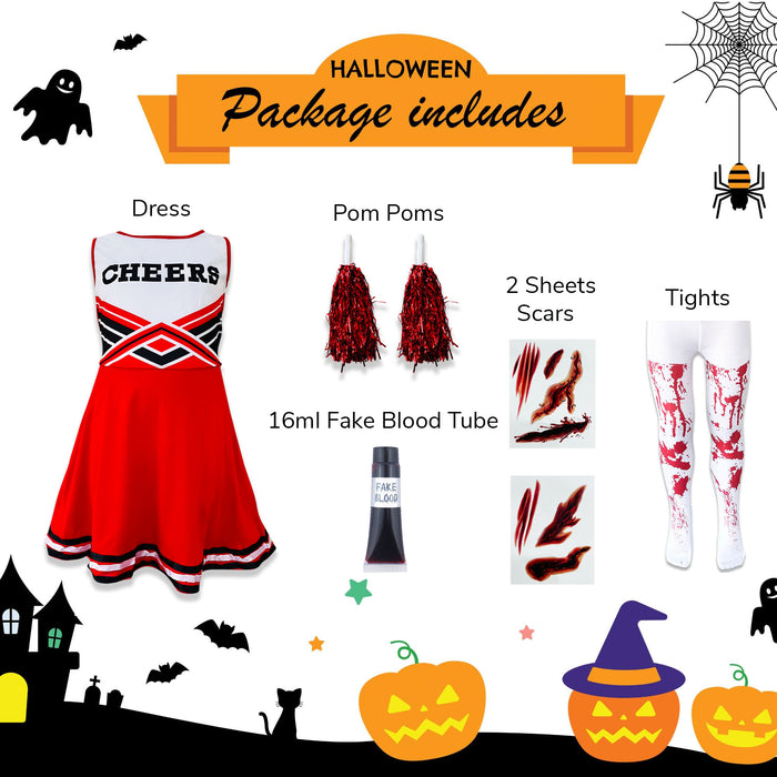 Childrens Kids Girls Zombie Cheerleader Red Fancy Dress Costume Scars Tights and Fake Blood