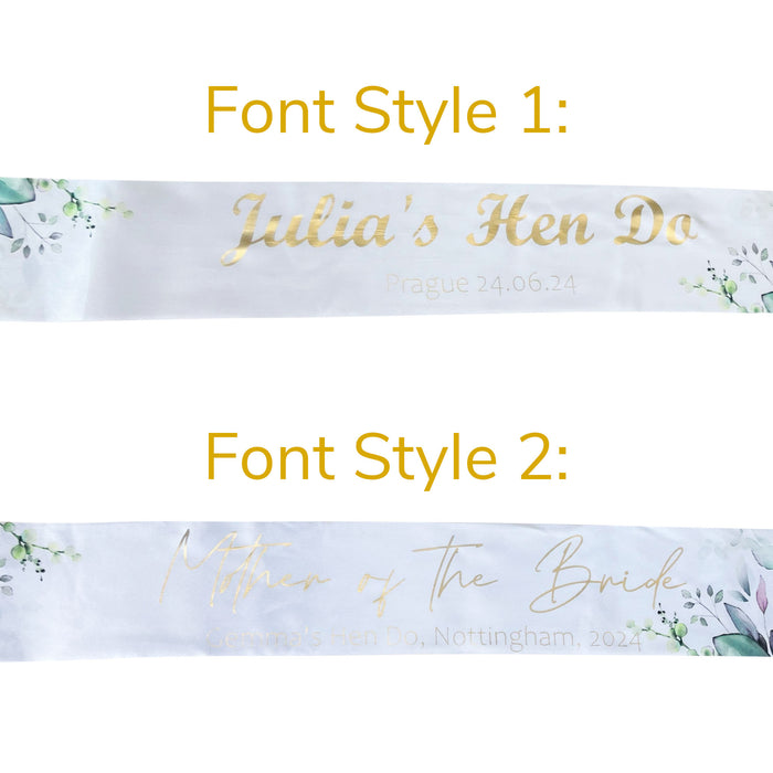 Personalised Custom Sashes Gold Foil Text Hen Party Birthday Baby Shower