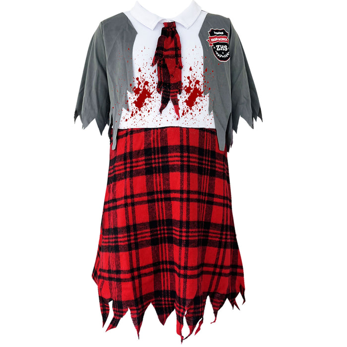 Childrens Kids Girls Zombie School Girl Fancy Dress Costume Scars and Tights