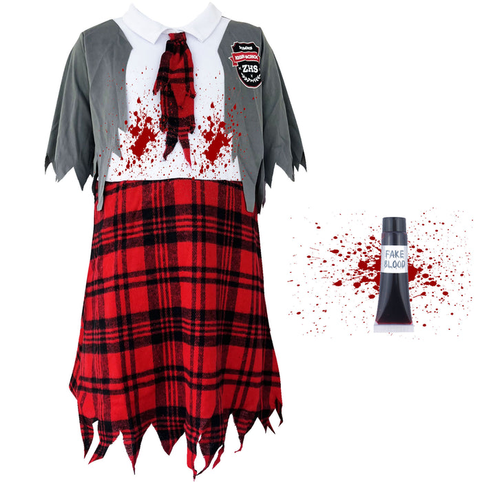 Childrens Kids Girls Zombie School Girl Fancy Dress Costume & Fake Blood