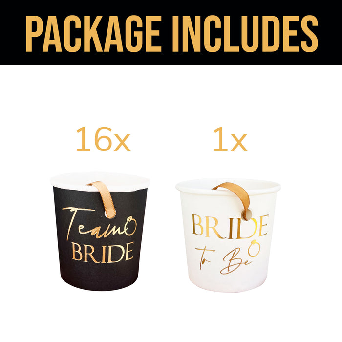 17 Pack Black and Gold Paper Shot Glasses Black and Gold (16x Team Bride and 1x Bride to Be White)