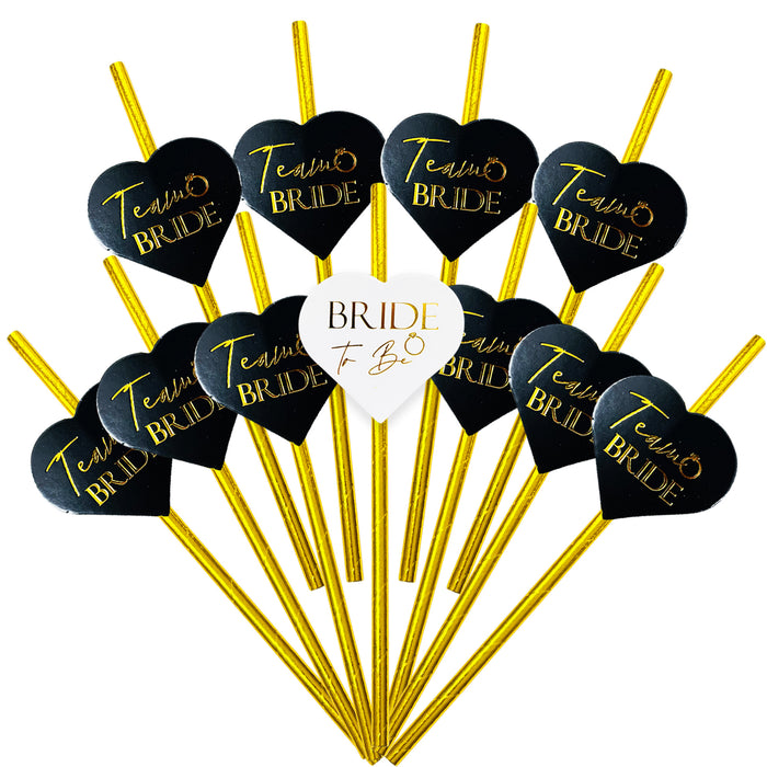 25 Pack Hen Party Paper Straws Black and Gold 24 Team Bride 1 Bride to Be