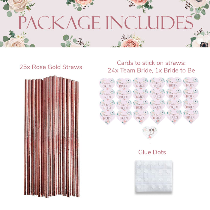 25 Pack Hen Party Paper Straws Pink Floral 24 Team Bride 1 Bride to Be