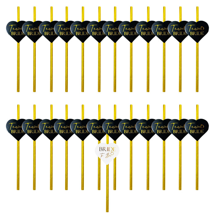 25 Pack Hen Party Paper Straws Black and Gold 24 Team Bride 1 Bride to Be