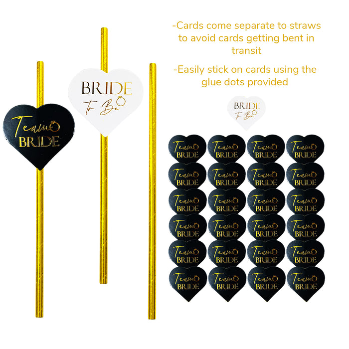 25 Pack Hen Party Paper Straws Black and Gold 24 Team Bride 1 Bride to Be