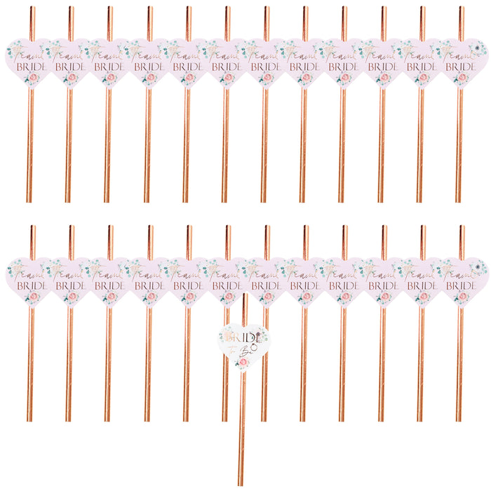 25 Pack Hen Party Paper Straws Pink Floral 24 Team Bride 1 Bride to Be