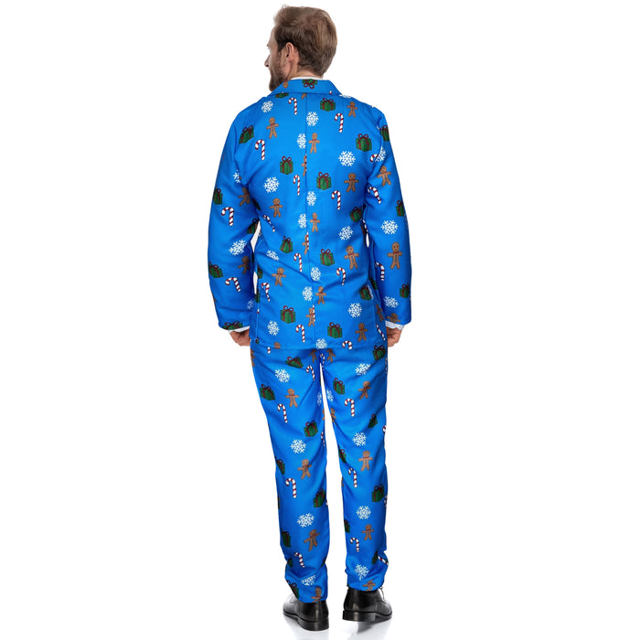 Mens Blue Christmas Suit and Tie Set - Gingerbread Men and Candy Canes