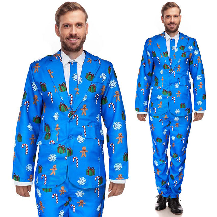 Mens Blue Christmas Suit and Tie Set - Gingerbread Men and Candy Canes