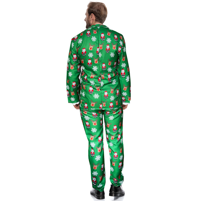 Mens Green Christmas Suit and Tie Set - Reindeer and Santa Claus