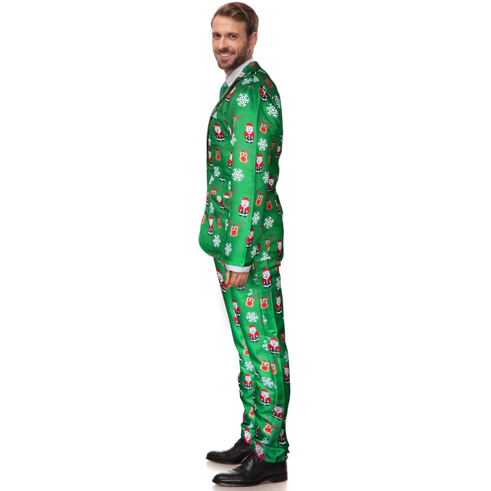 Mens Green Christmas Suit and Tie Set - Reindeer and Santa Claus