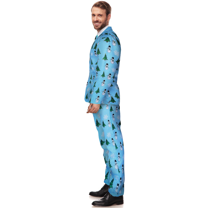 Mens Light Blue Christmas Suit and Tie Set - Snowmen and Christmas Trees