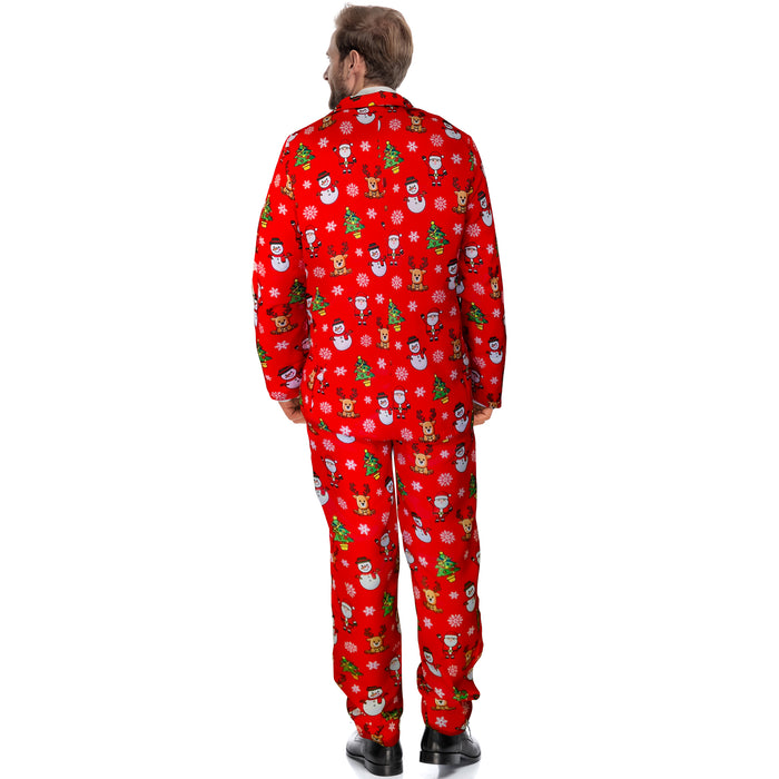 Mens Red Christmas Suit and Tie Set - Red with Santa, Reindeer, Snowmen and Trees