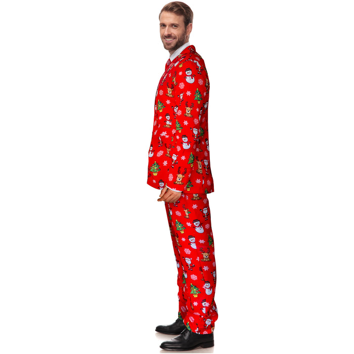 Mens Red Christmas Suit and Tie Set - Red with Santa, Reindeer, Snowmen and Trees