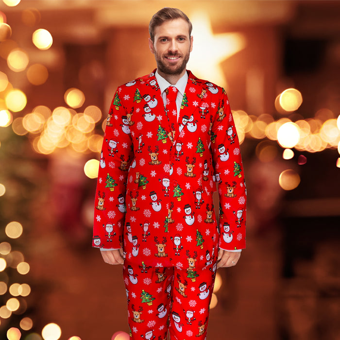 Mens Red Christmas Suit and Tie Set - Red with Santa, Reindeer, Snowmen and Trees