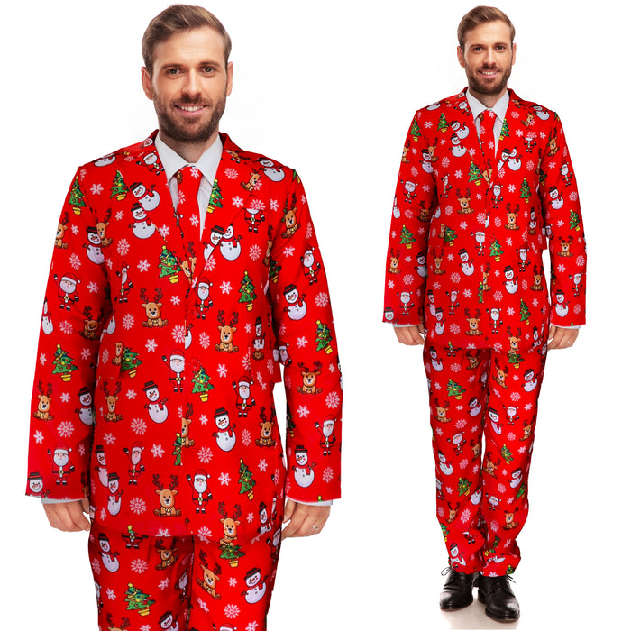 Mens Red Christmas Suit and Tie Set - Red with Santa, Reindeer, Snowmen and Trees