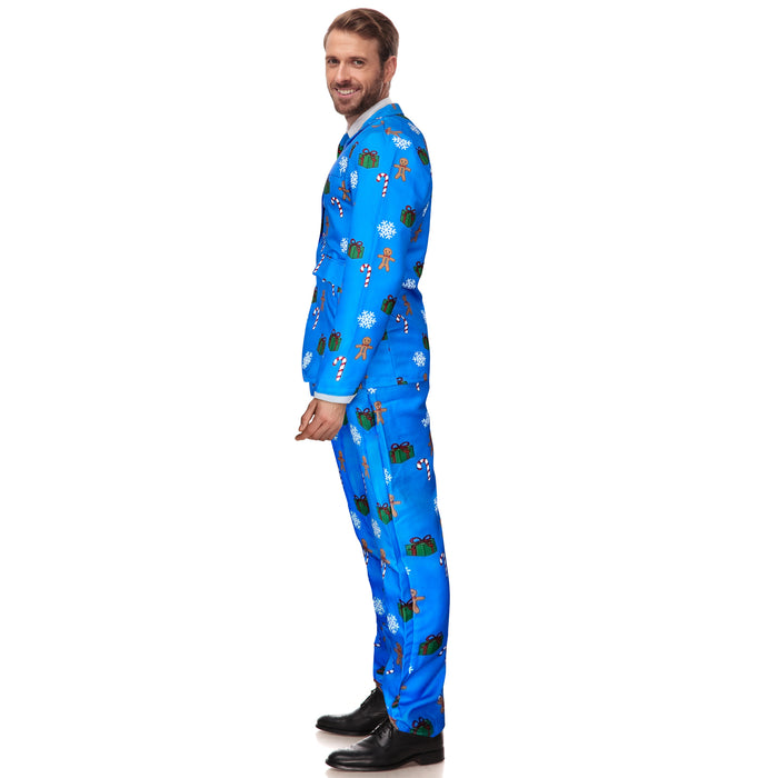 Mens Blue Christmas Suit and Tie Set - Gingerbread Men and Candy Canes