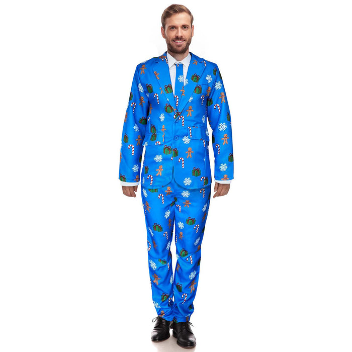 Mens Blue Christmas Suit and Tie Set - Gingerbread Men and Candy Canes