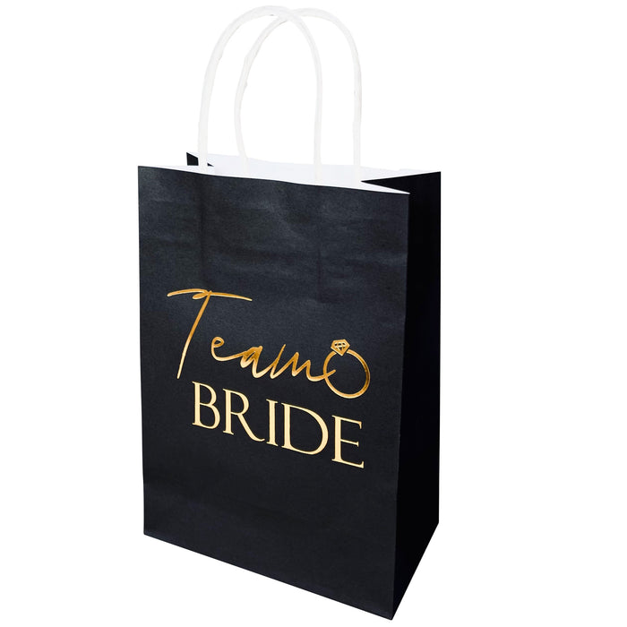 9 Pack Hen Party Bags (8x Team Bride 1x Bride to Be) Paper Bags Black and Gold Foil