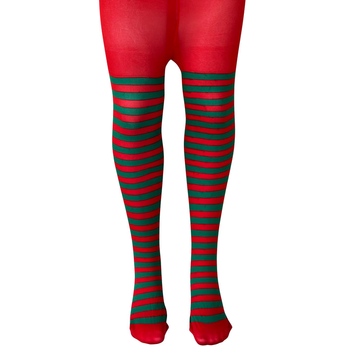 Children's Girls Red and Green Striped Tights Elf Christmas Fancy Dress 4-12 Years