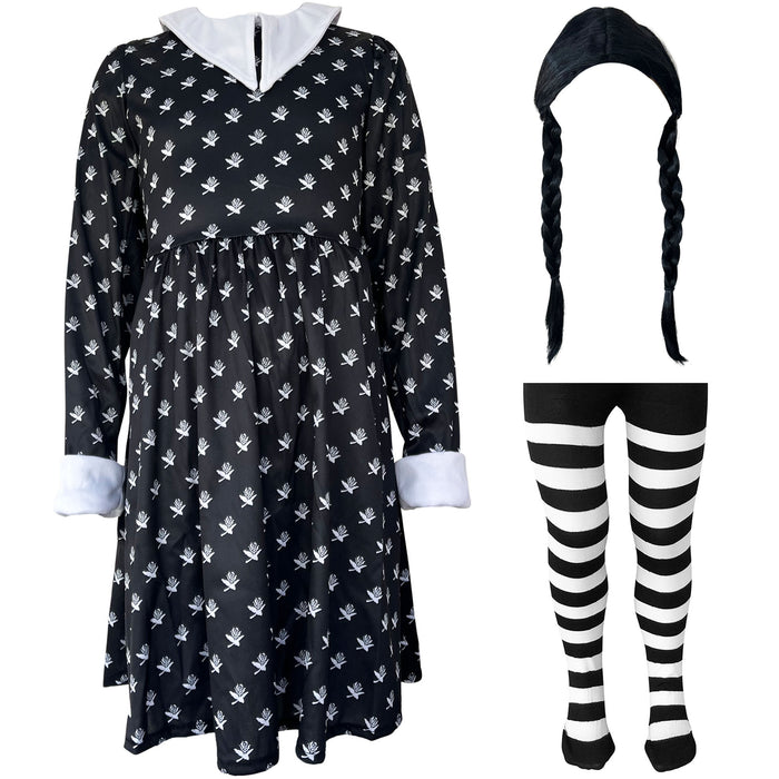 Childrens Kids Girls Scary Daughter Gothic Family Patterned Fancy Dress Costume Tights and Wig 7-12 Years