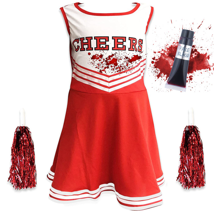 Adults Ladies Womens Zombie Cheerleader Red Fancy Dress Costume and Fake Blood