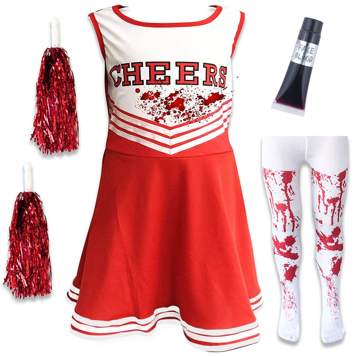 Adults Ladies Womens Zombie Cheerleader Red Fancy Dress Costume Tights and Fake Blood