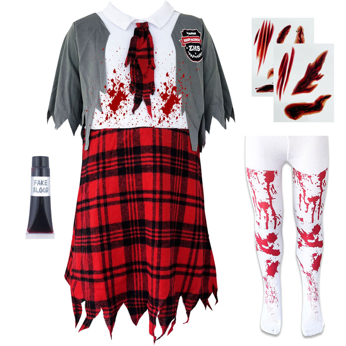 Childrens Kids Girls Zombie School Girl Fancy Dress Costume Scars and Tights