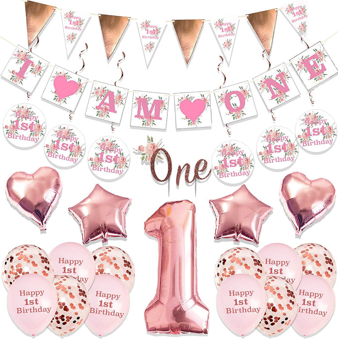 Complete 1st Birthday Decorations Set Pink Floral for Girls with Cake Topper