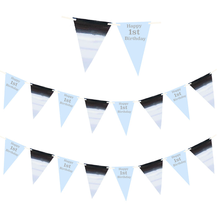 1st Birthday Bunting 16 Flags Blue Grey Boys