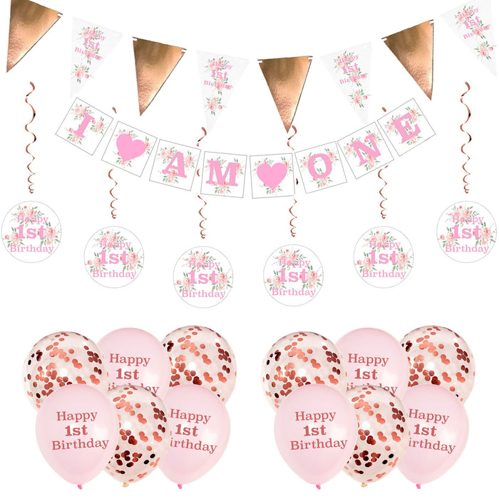 20 Piece 1st Birthday Decorations Set Pink Floral for Girls