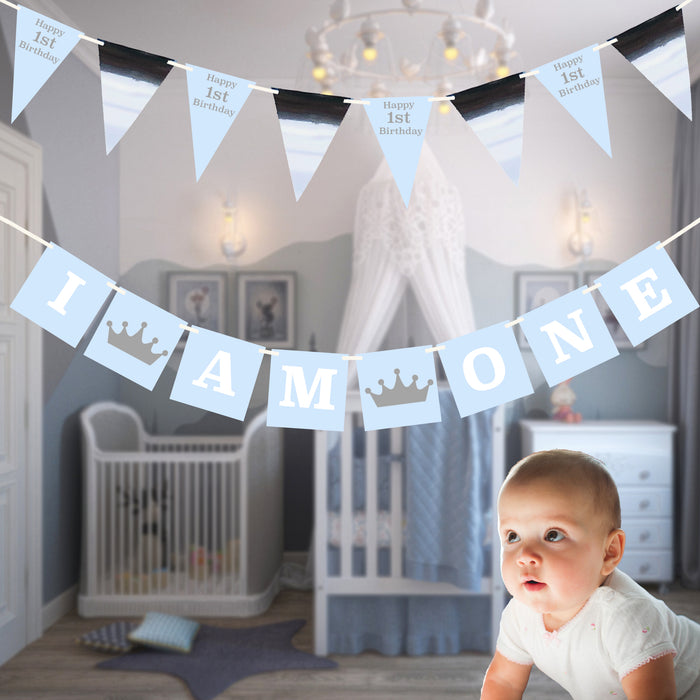 Complete 1st Birthday Decorations Set Blue for Boys with Cake Topper