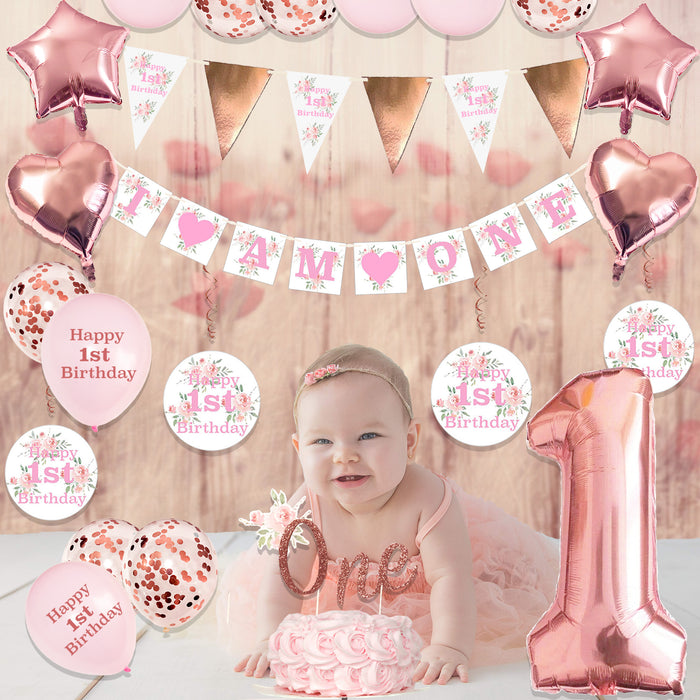 Complete 1st Birthday Decorations Set Pink Floral for Girls with Cake Topper