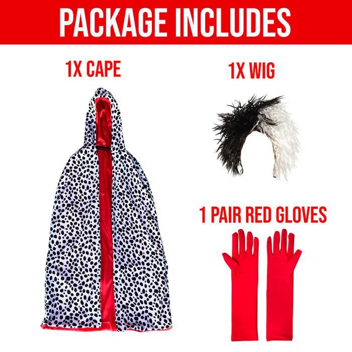 Childrens Girls Dalmatian Fancy Dress Costume (Cape, Wig, Red Gloves)