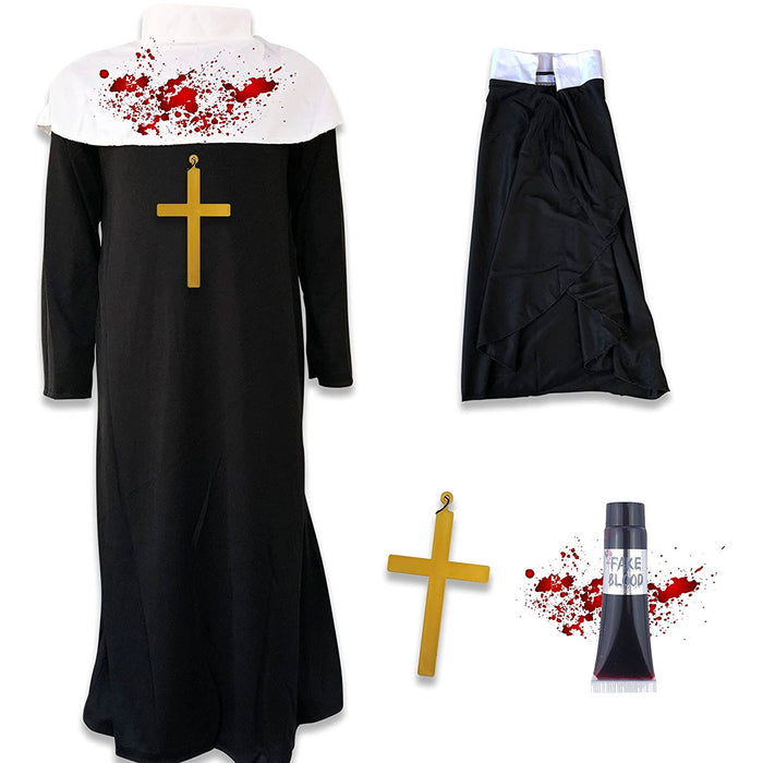 Childrens Kids Girls Zombie Nun Sister Fancy Dress Costume and Cross Necklace