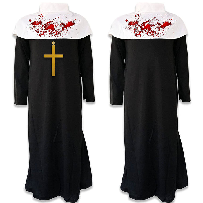 Childrens Kids Girls Zombie Nun Sister Fancy Dress Costume and Cross Necklace