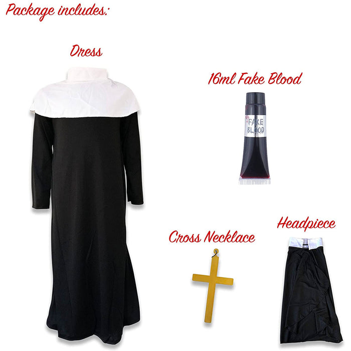 Childrens Kids Girls Zombie Nun Sister Fancy Dress Costume and Cross Necklace