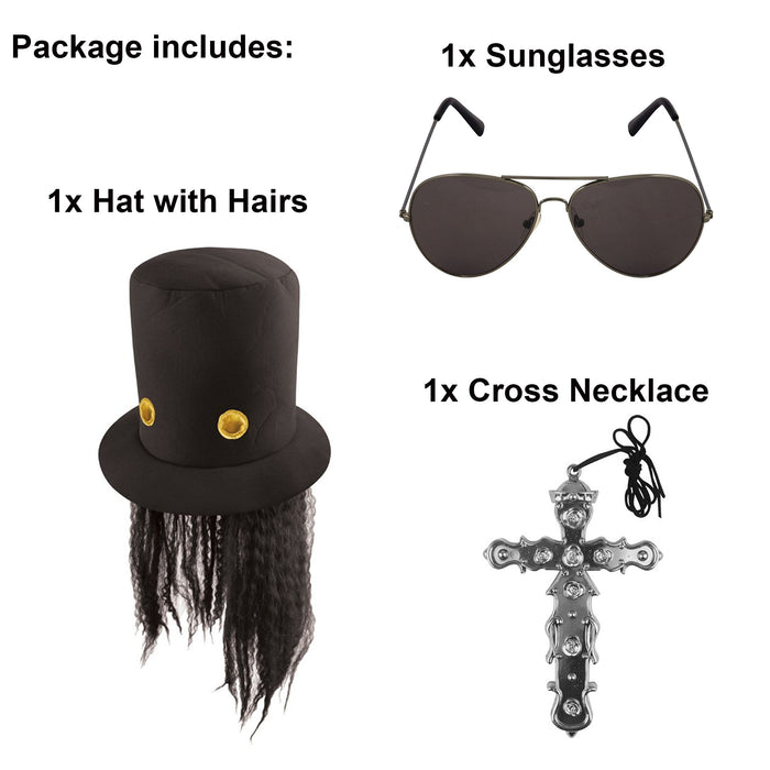 3 Piece Heavy Metal Rocker Set Hat with Wig Cross Necklace Sunglasses