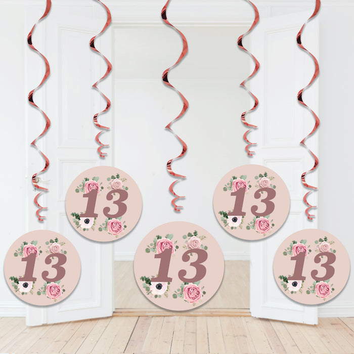 Rose Gold Floral Birthday Swirl Decorations Pack of 6 Ages 13-80