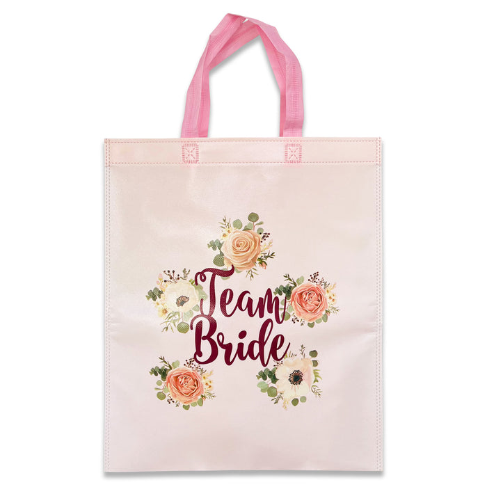 Pack of 12 Team Bride Tote Bags Light Pink Floral with Rose Gold Text