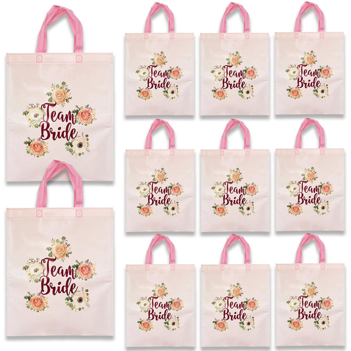 Pack of 12 Team Bride Tote Bags Light Pink Floral with Rose Gold Text