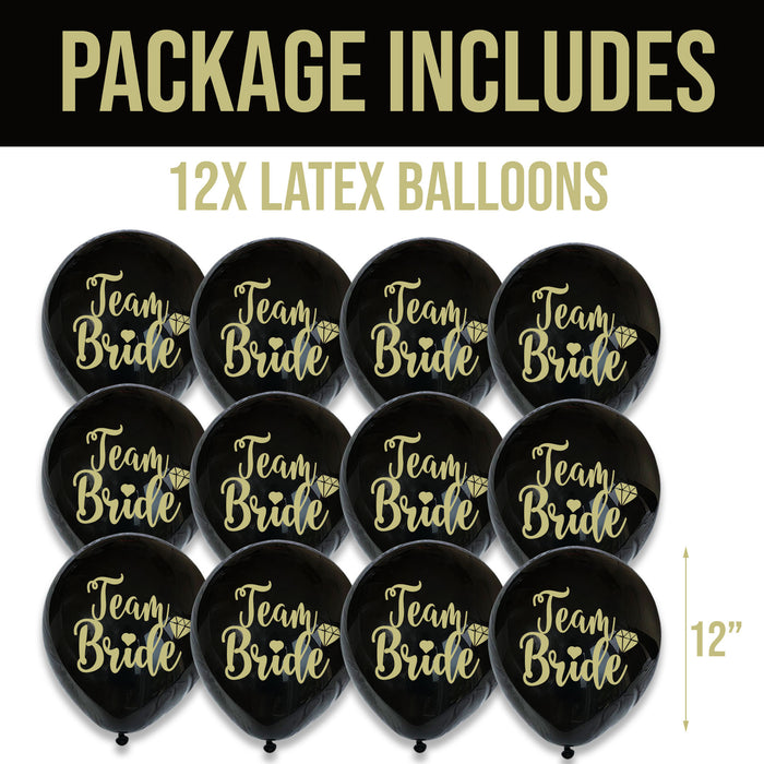 12 Pack Team Bride Balloons Black and Gold Hen Party Decorations