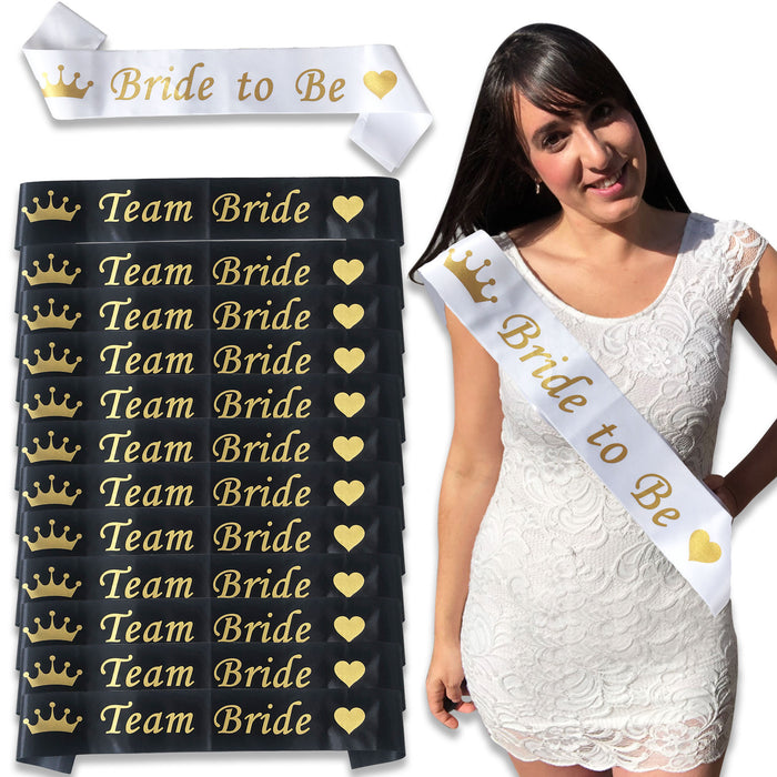 Pack of 12 Team Bride Black and Gold Sashes and 1 Bride to Be Sash White and Gold